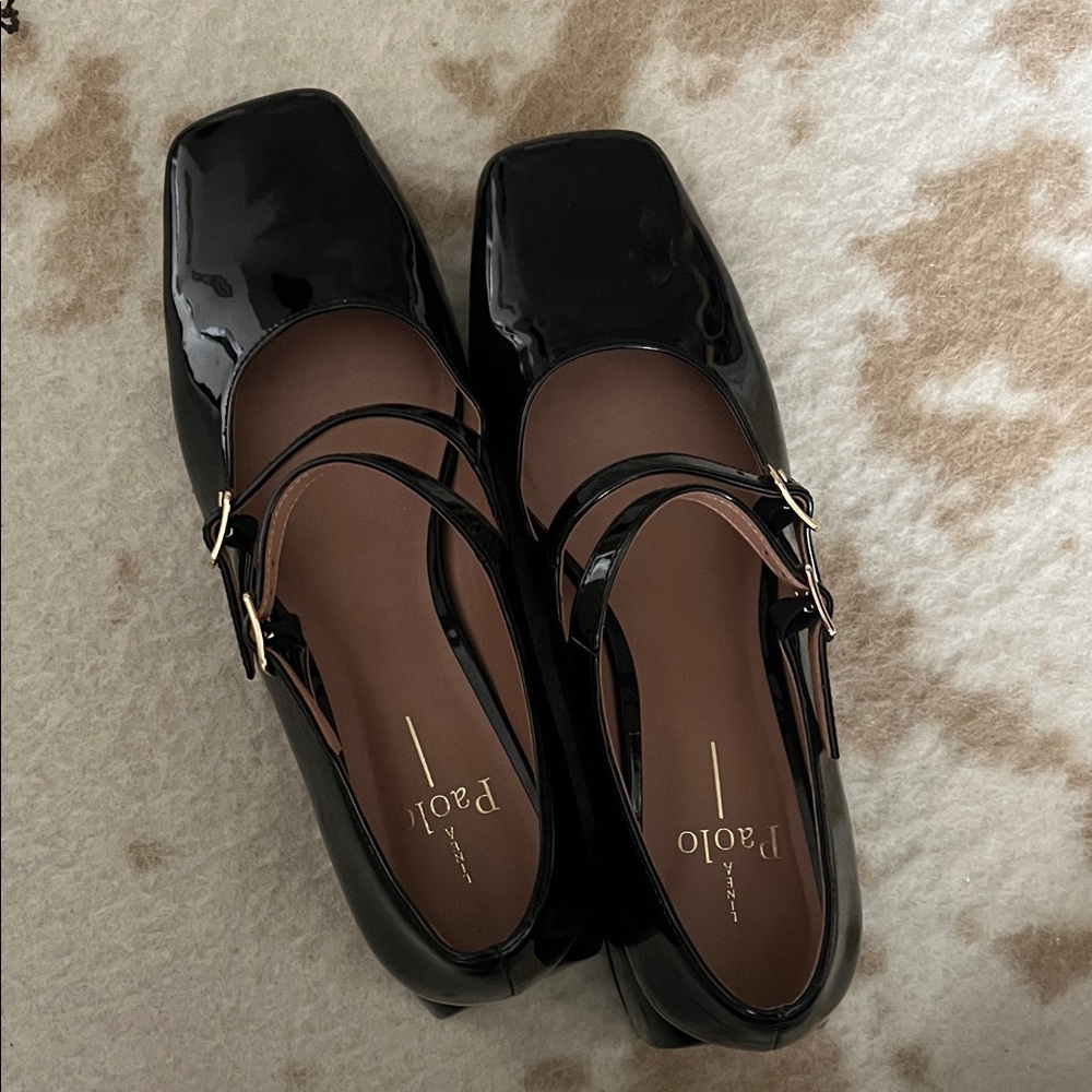Linea Paolo Black Patent Double-Strap Square-Toe Flats